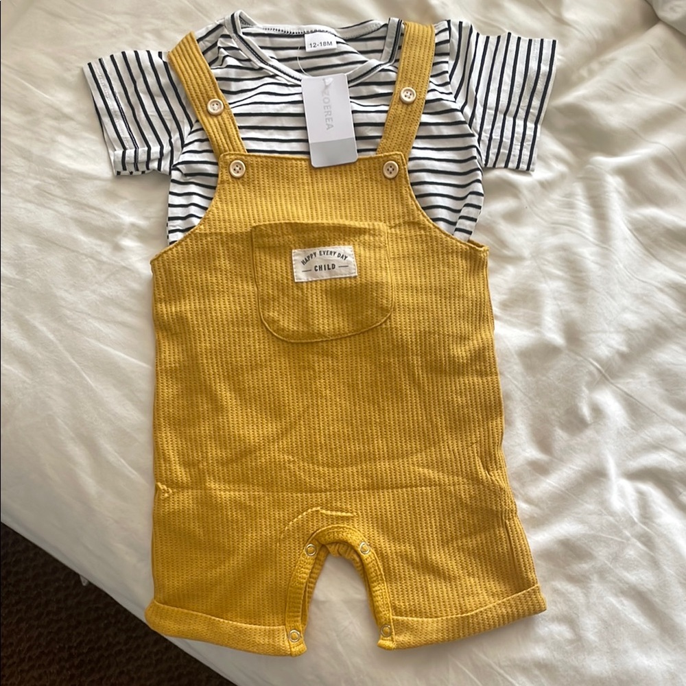 Boy’s Gold/Yellow Overalls with Striped Shirt Size 12-18 months